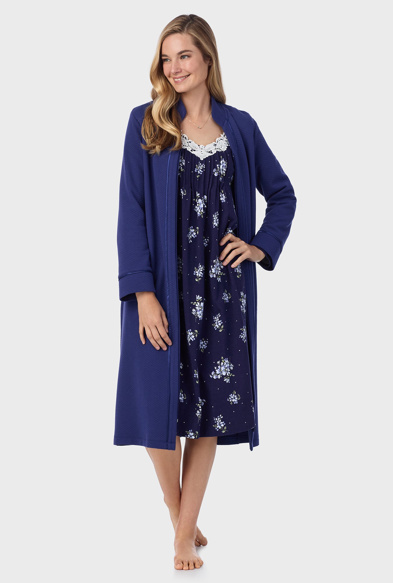 A lady wearing Navy Bouquet Cotton Waltz Nightgown