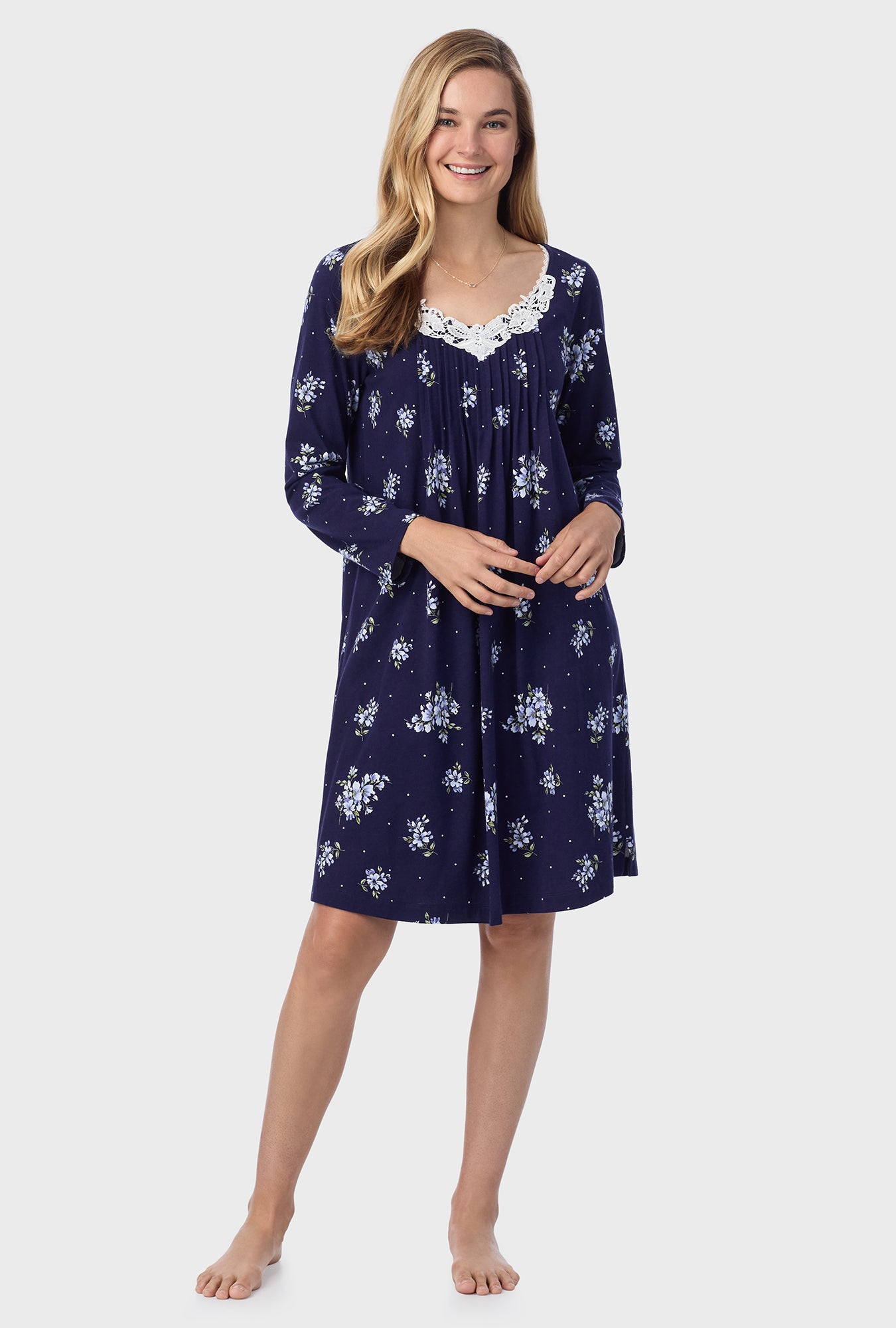 A lady wearing Navy Bouquet Cotton Short Nightgown