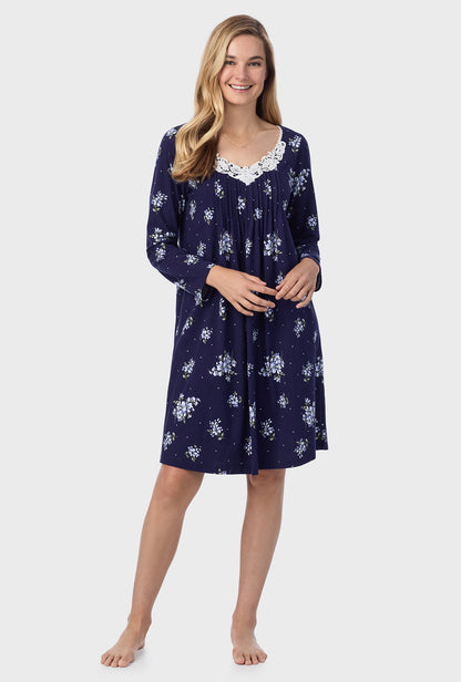 A lady wearing Navy Bouquet Cotton Short Nightgown