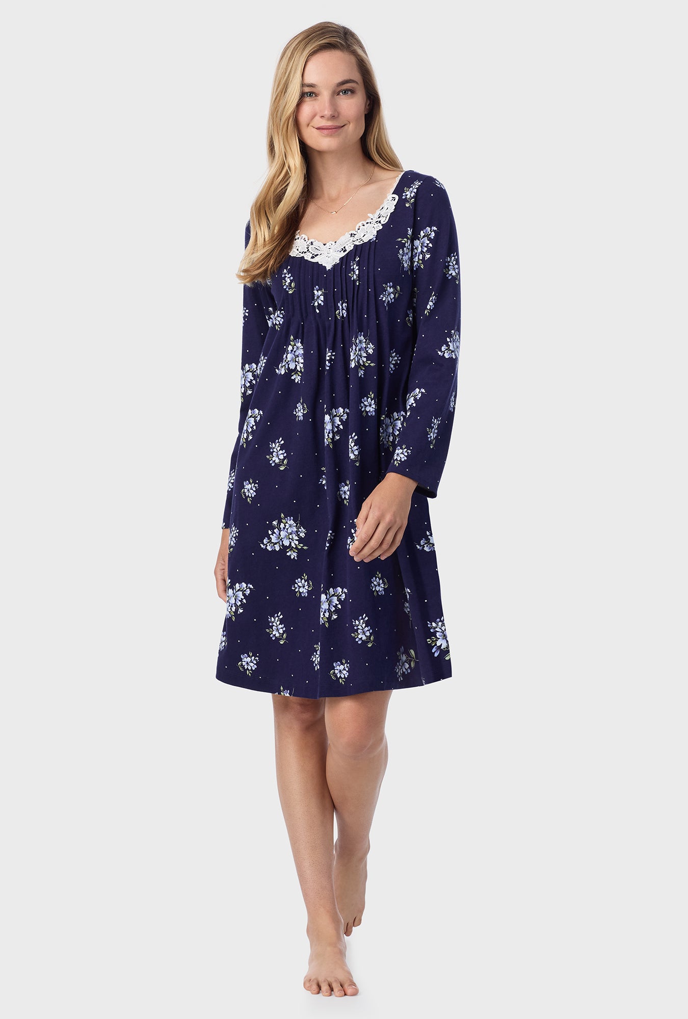 A lady wearing Navy Bouquet Cotton Short Nightgown