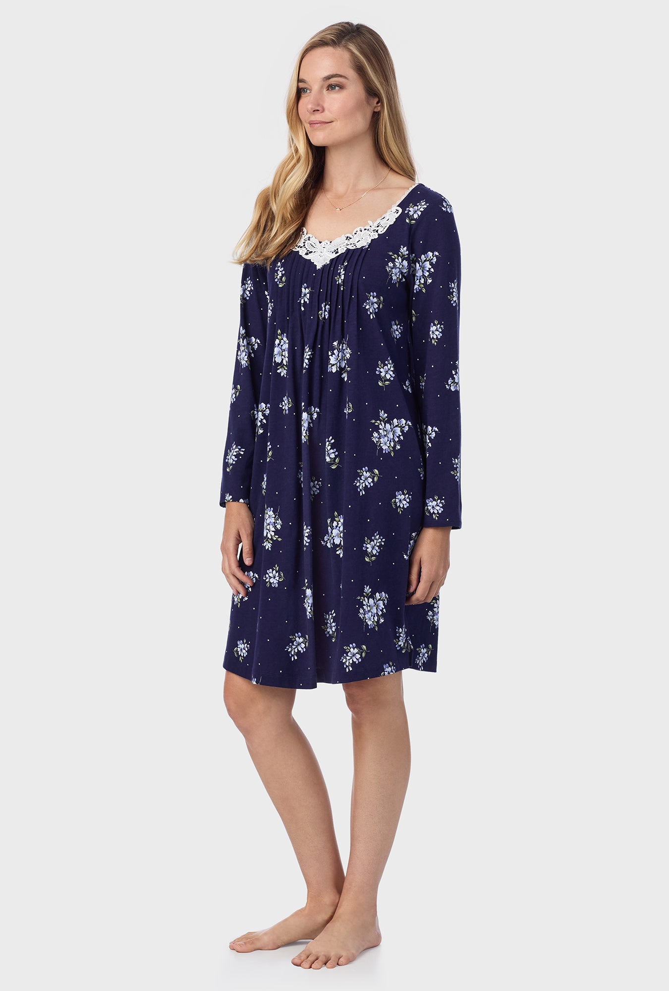 A lady wearing Navy Bouquet Cotton Short Nightgown