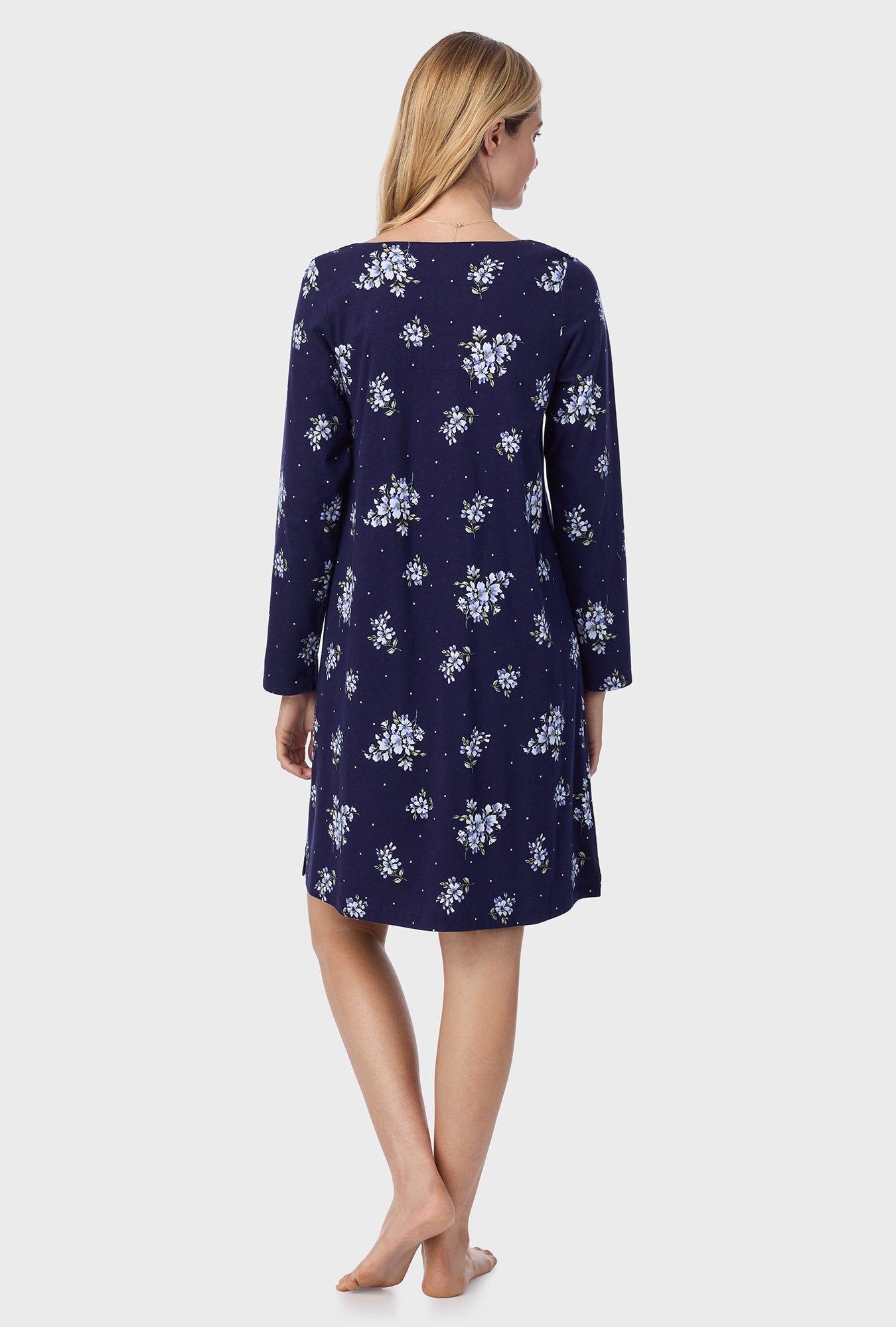 A lady wearing Navy Bouquet Cotton Short Nightgown