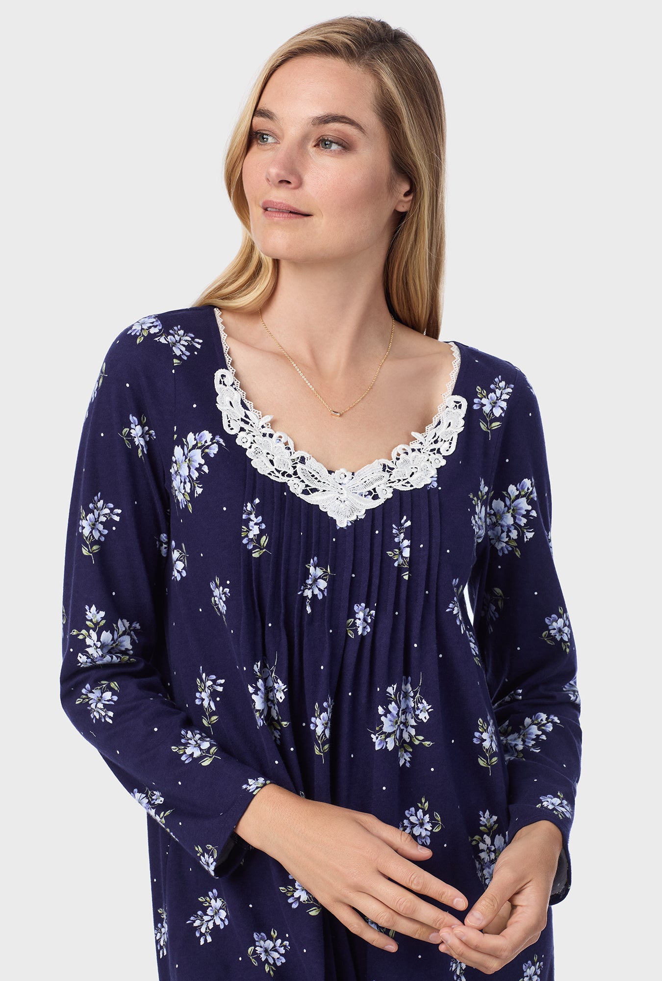 A lady wearing Navy Bouquet Cotton Short Nightgown