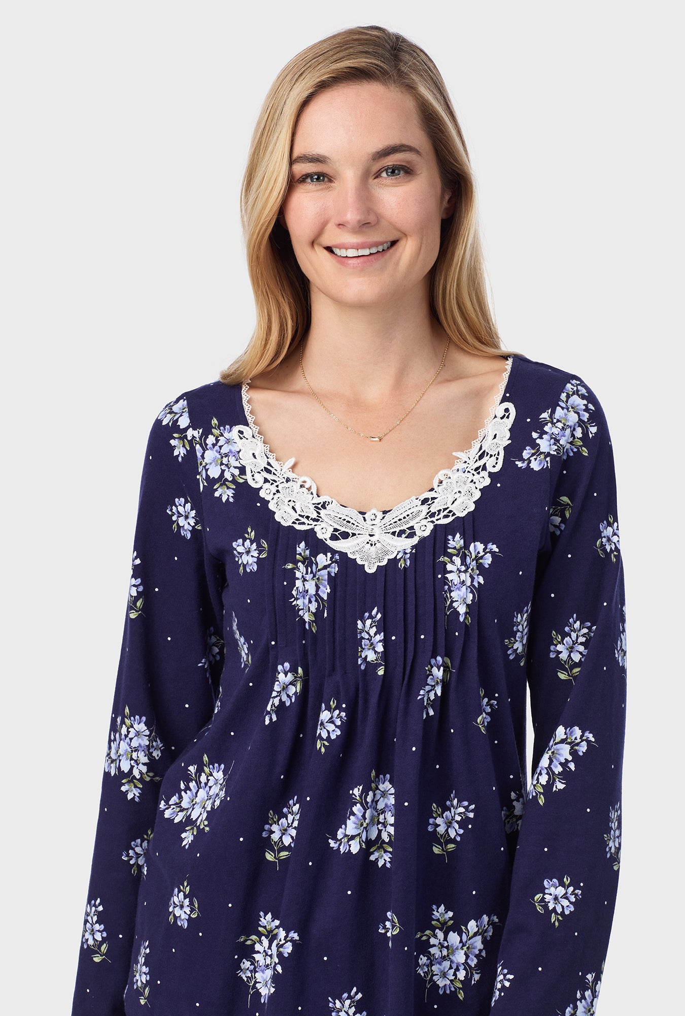 A lady wearing Navy Bouquet Cotton Long Pajama Set