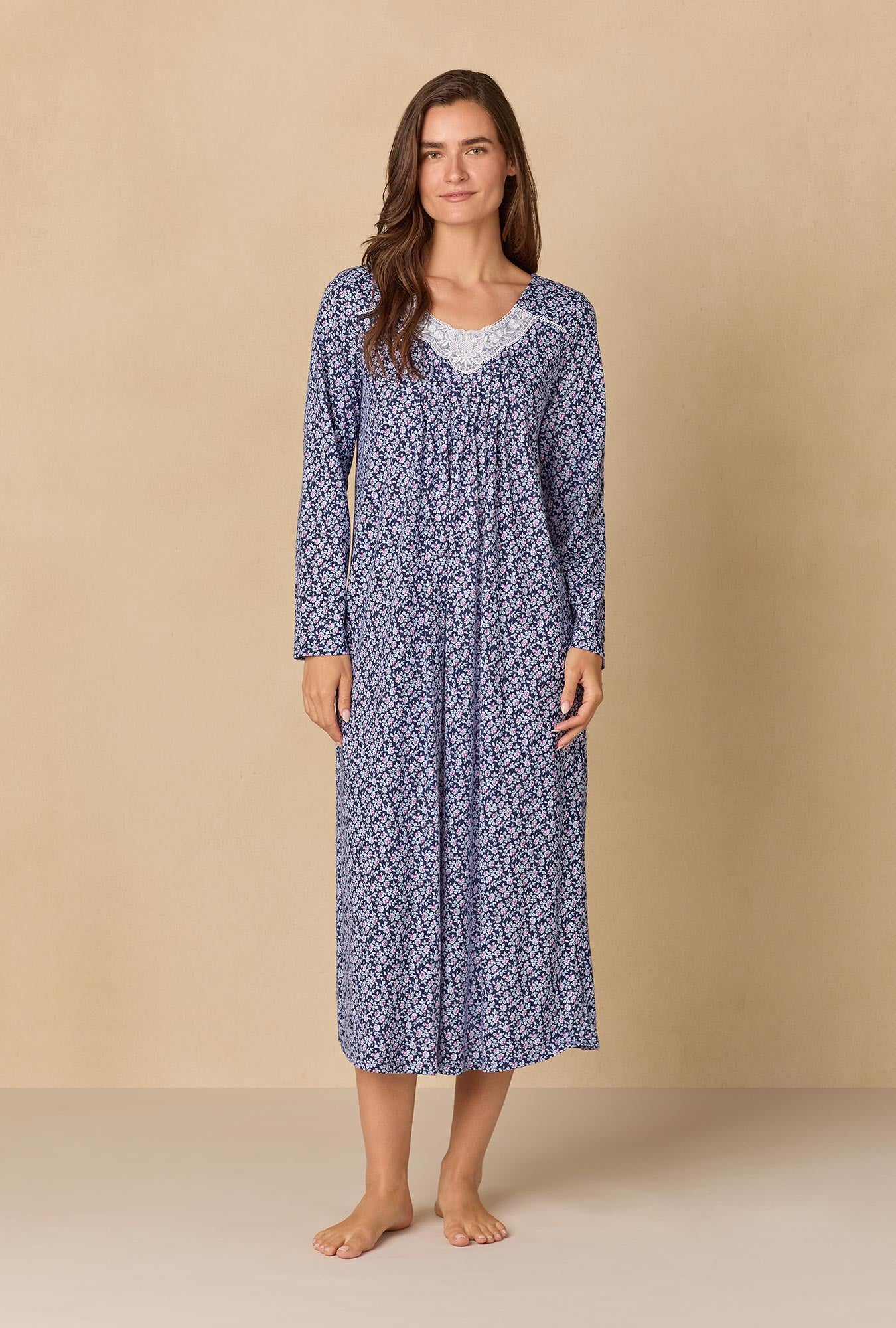 A lady wearing Navy Reverie Ditsy Ballet Cotton Knit Nightgown