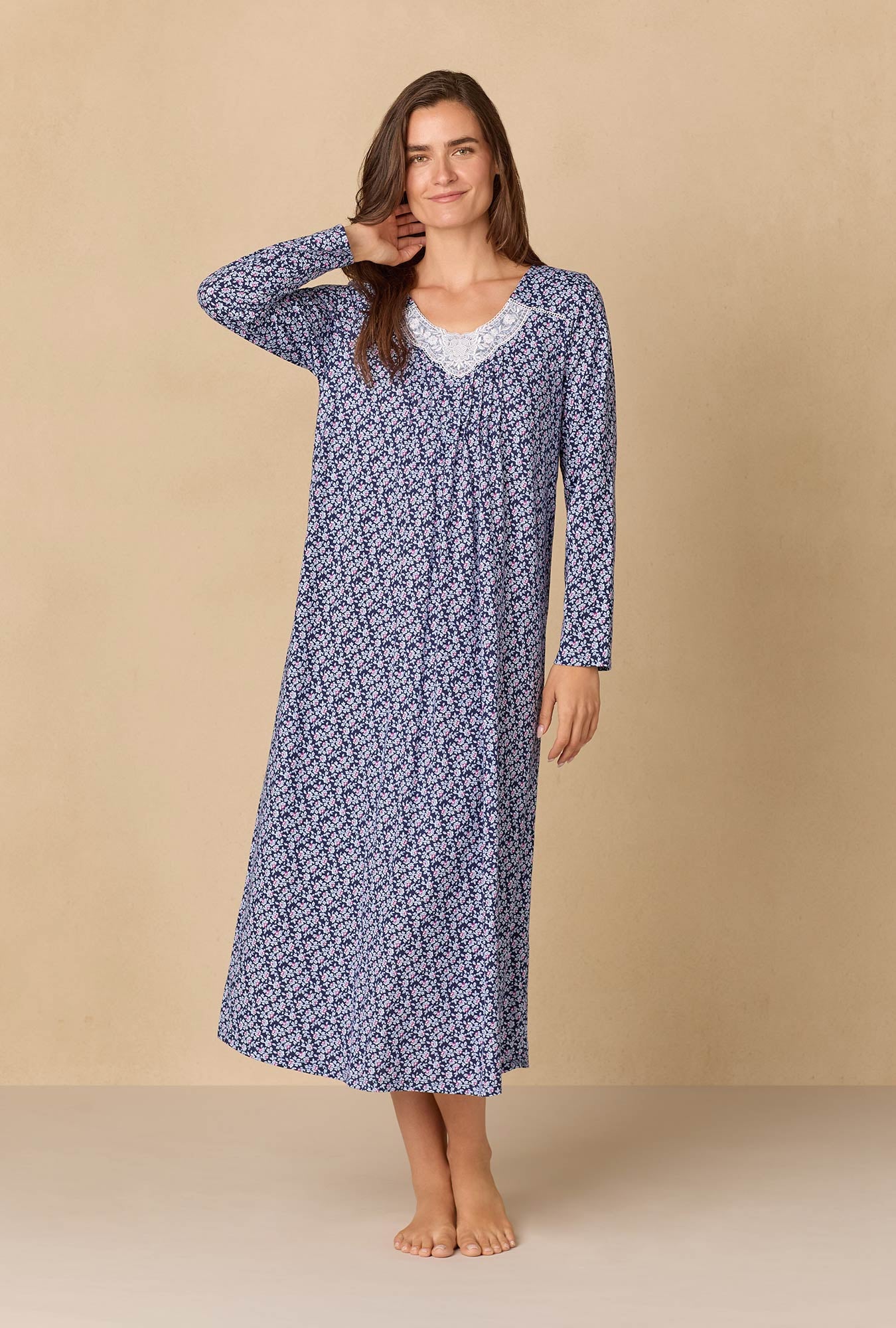 A lady wearing Navy Reverie Ditsy Ballet Cotton Knit Nightgown