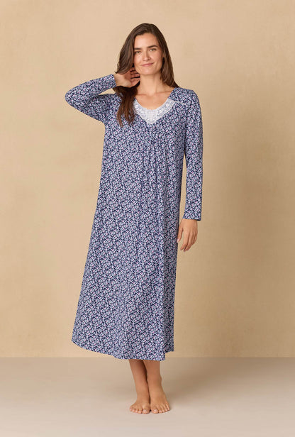 A lady wearing Navy Reverie Ditsy Ballet Cotton Knit Nightgown