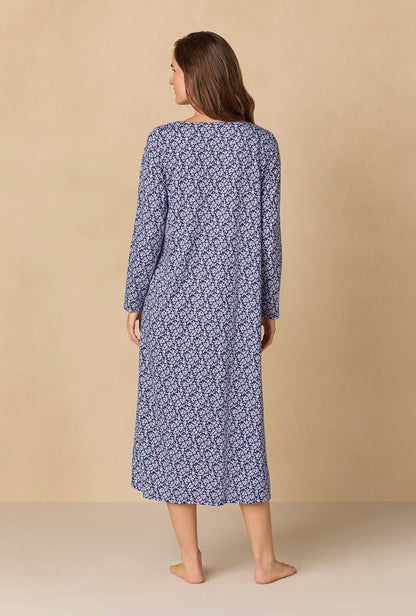 A lady wearing Navy Reverie Ditsy Ballet Cotton Knit Nightgown