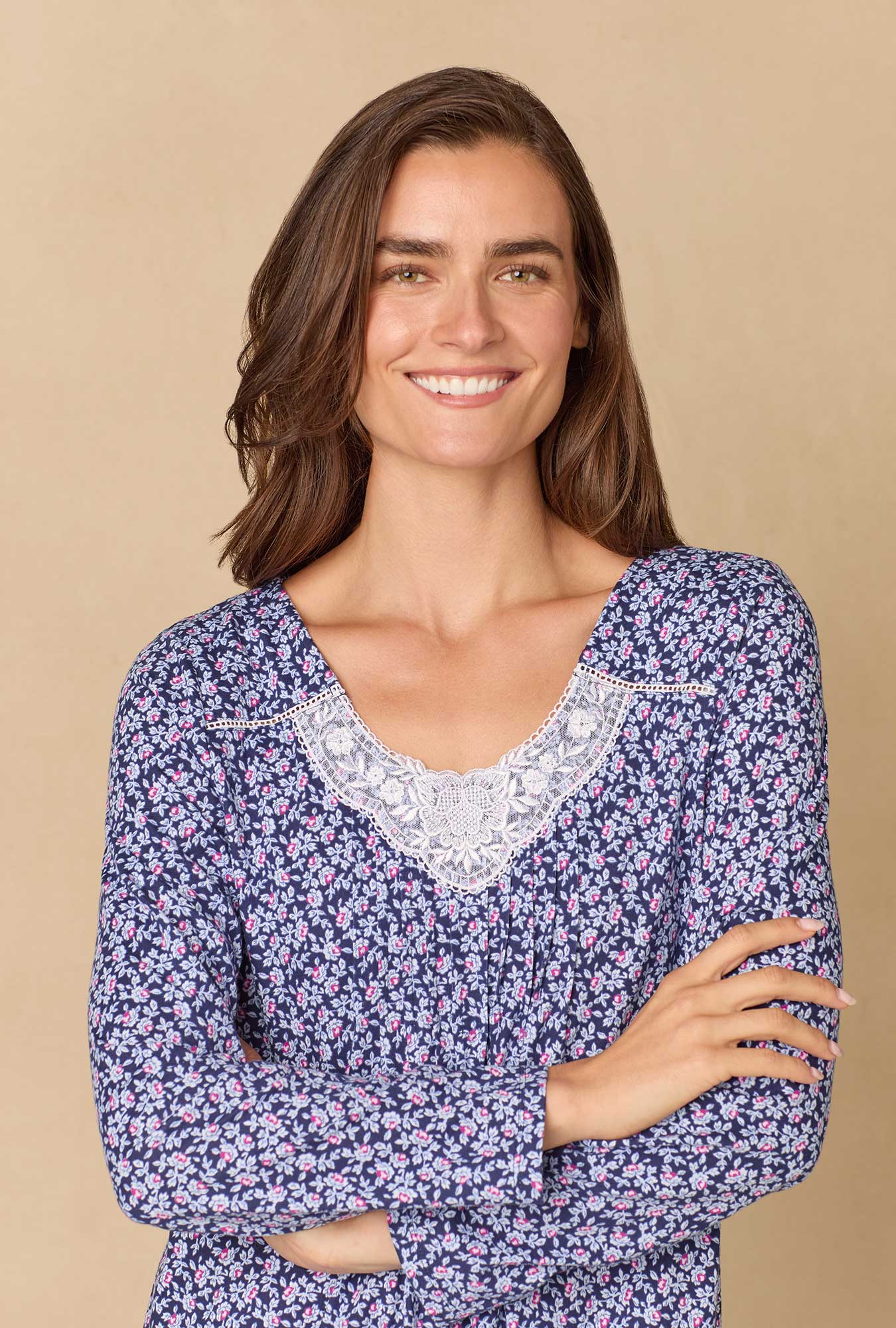 A lady wearing Navy Reverie Ditsy Ballet Cotton Knit Nightgown