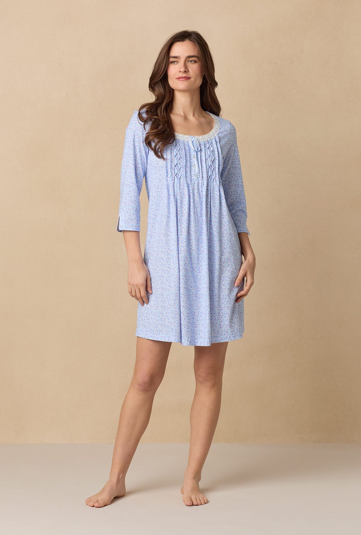 A lady wearing Dreamy Ditsy 3/4 Sleeve Cotton Short Nightgown
