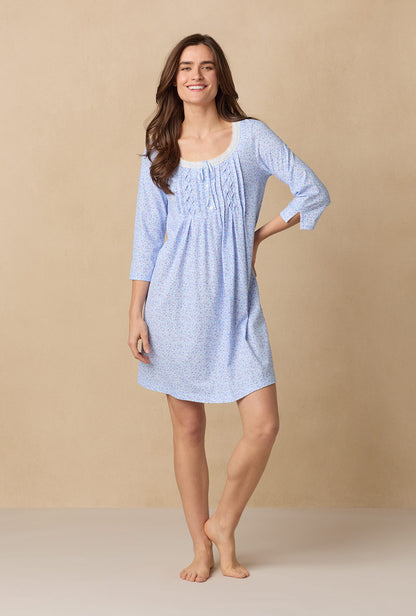 A lady wearing Dreamy Ditsy 3/4 Sleeve Cotton Short Nightgown