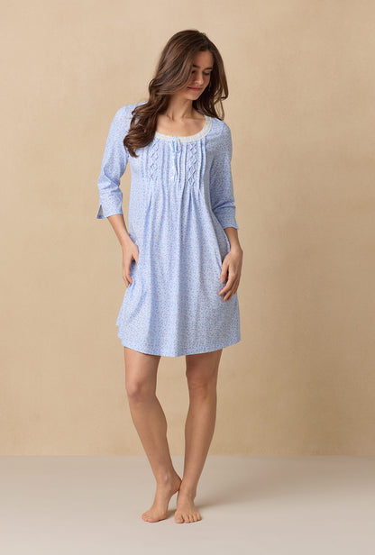 A lady wearing Dreamy Ditsy 3/4 Sleeve Cotton Short Nightgown