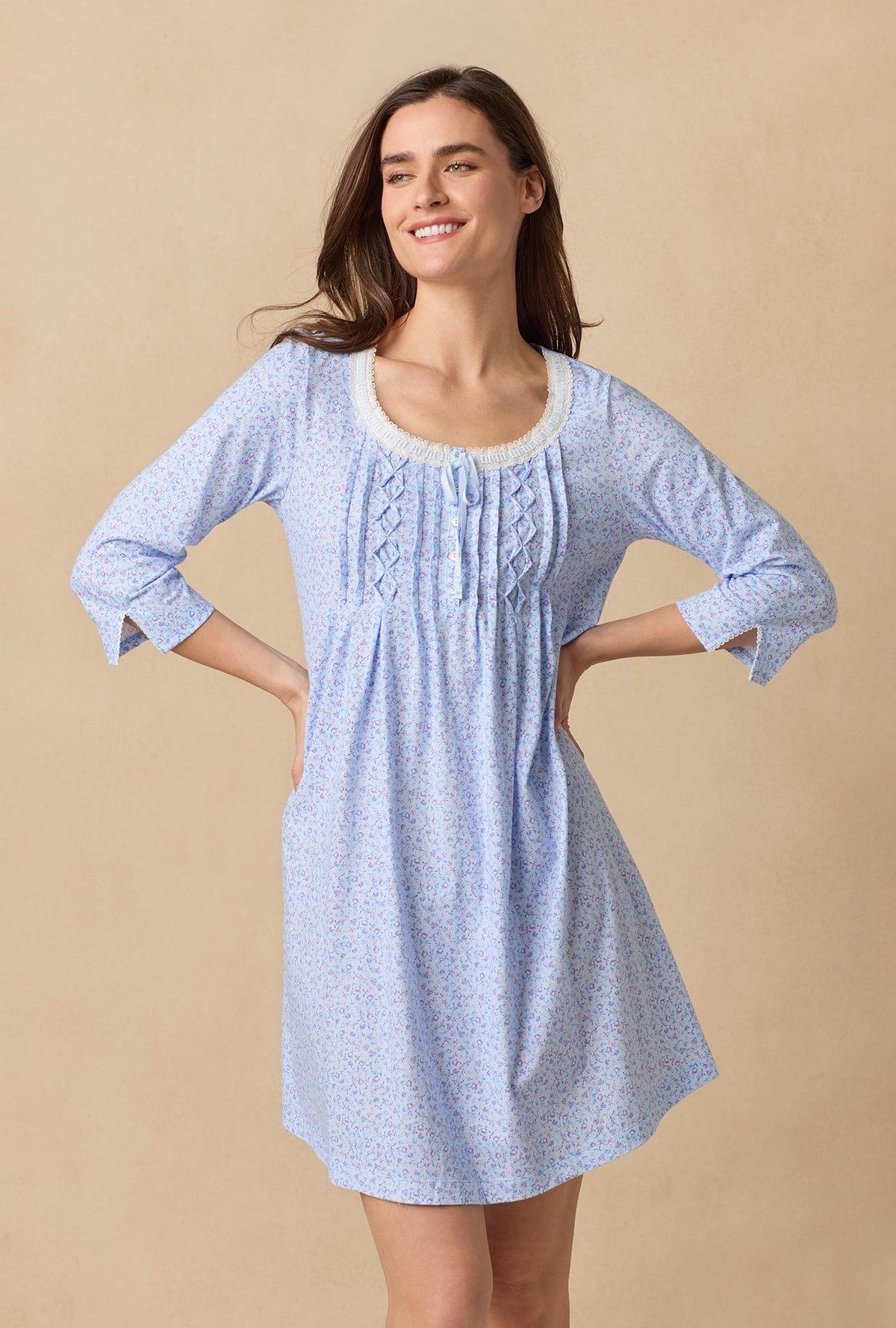 A lady wearing Dreamy Ditsy 3/4 Sleeve Cotton Short Nightgown