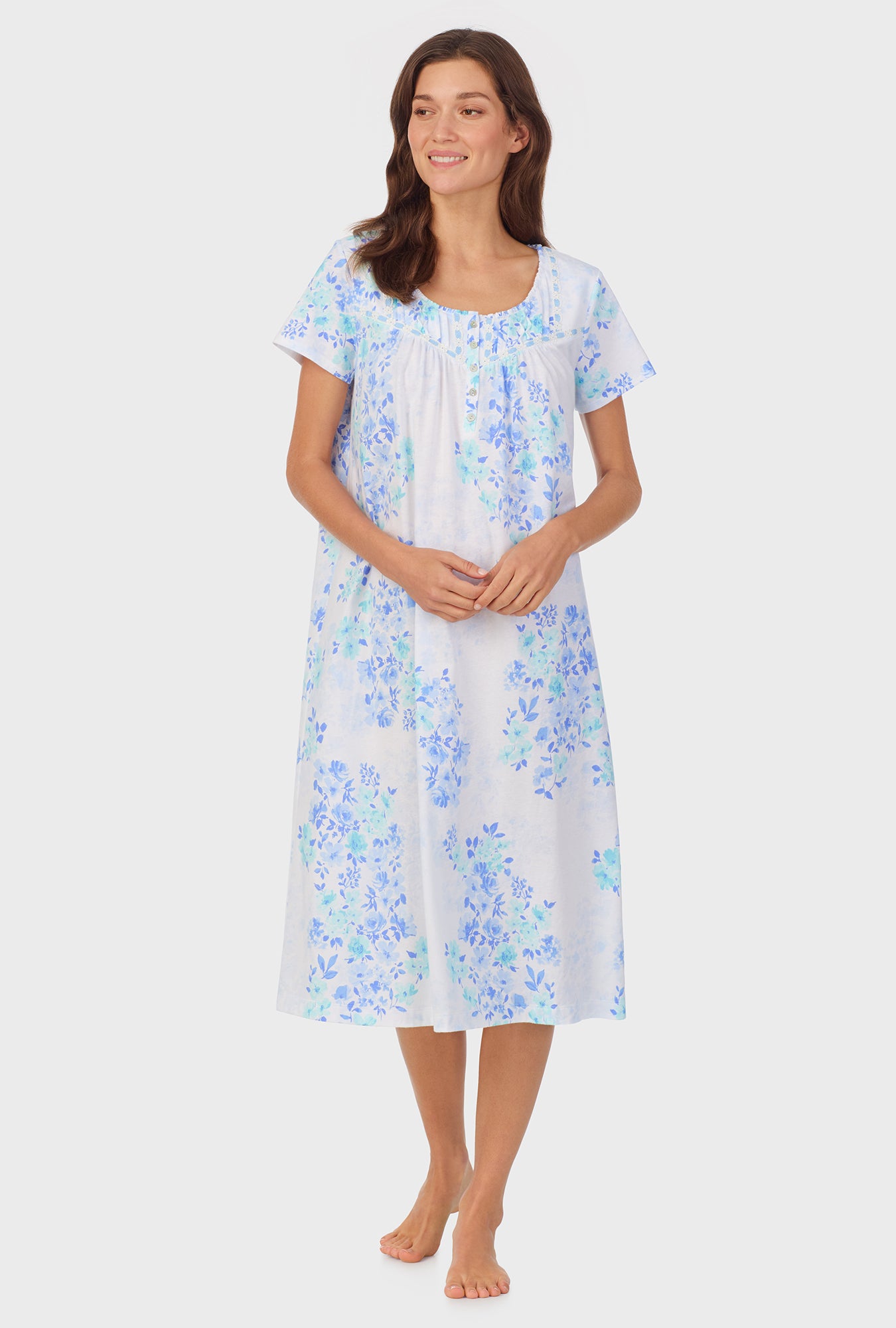 A lady wearing Watercolor Floral Cotton Waltz Nightgown