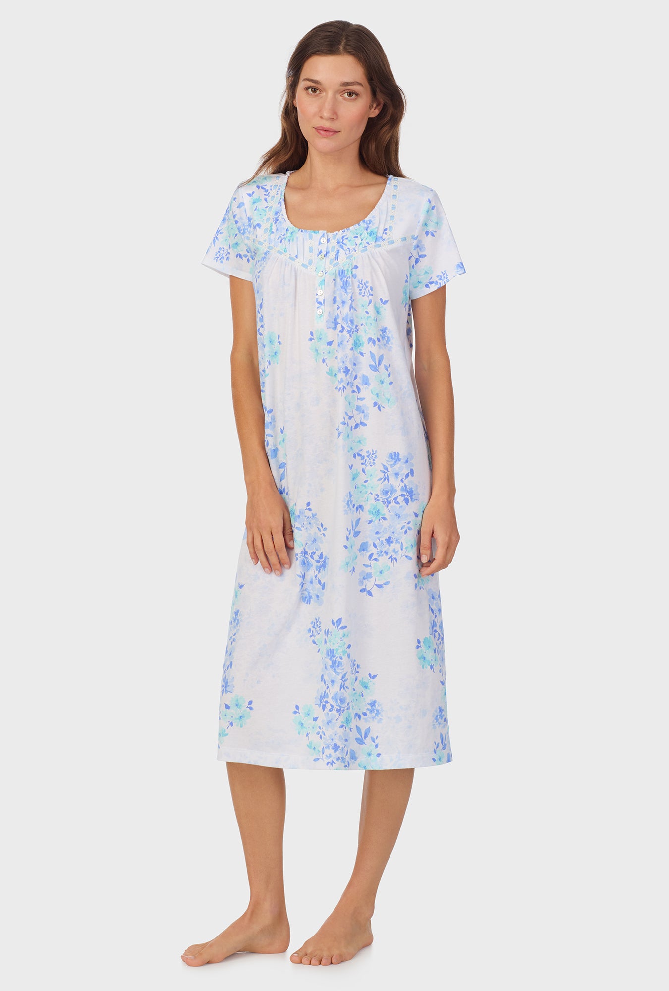 A lady wearing Watercolor Floral Cotton Waltz Nightgown