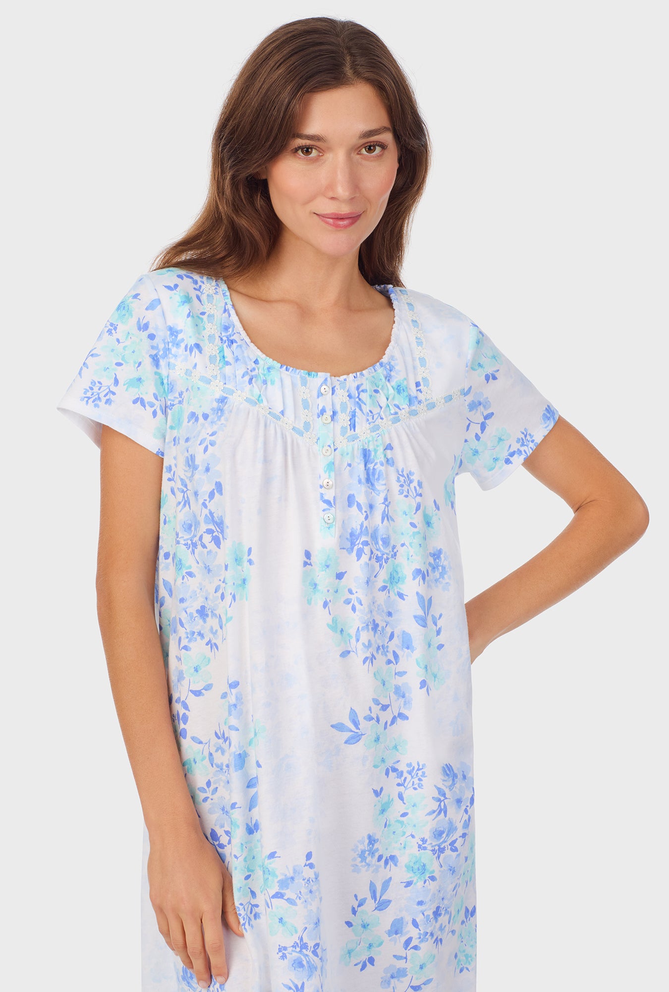 A lady wearing Watercolor Floral Cotton Waltz Nightgown