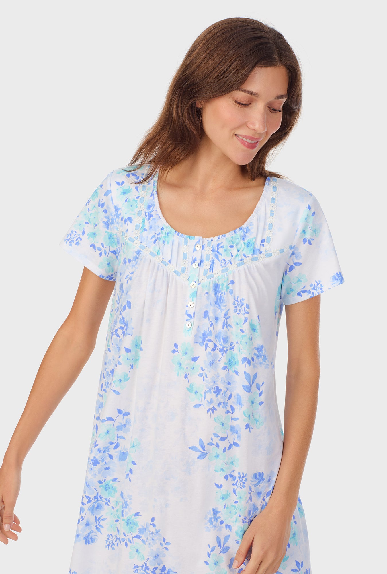 A lady wearing Watercolor Floral Cotton Waltz Nightgown