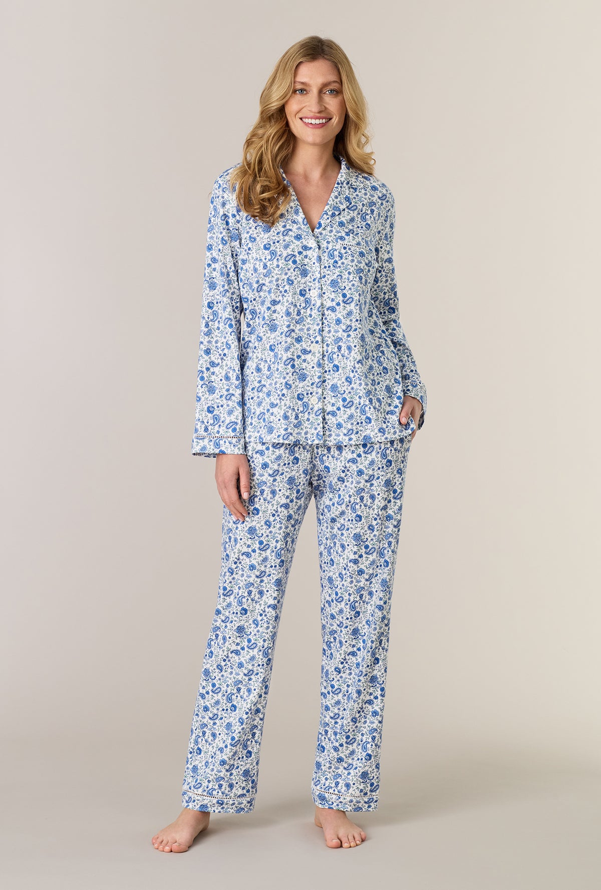 A lady wearing Twilight Paisley Cotton Interlock Long Pajama Set