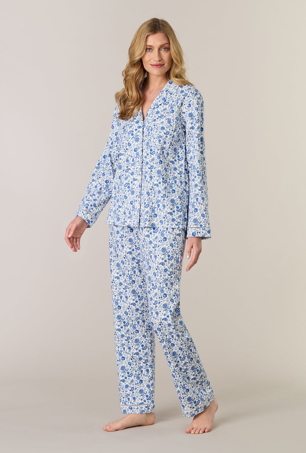 A lady wearing Twilight Paisley Cotton Interlock Long Pajama Set looking front