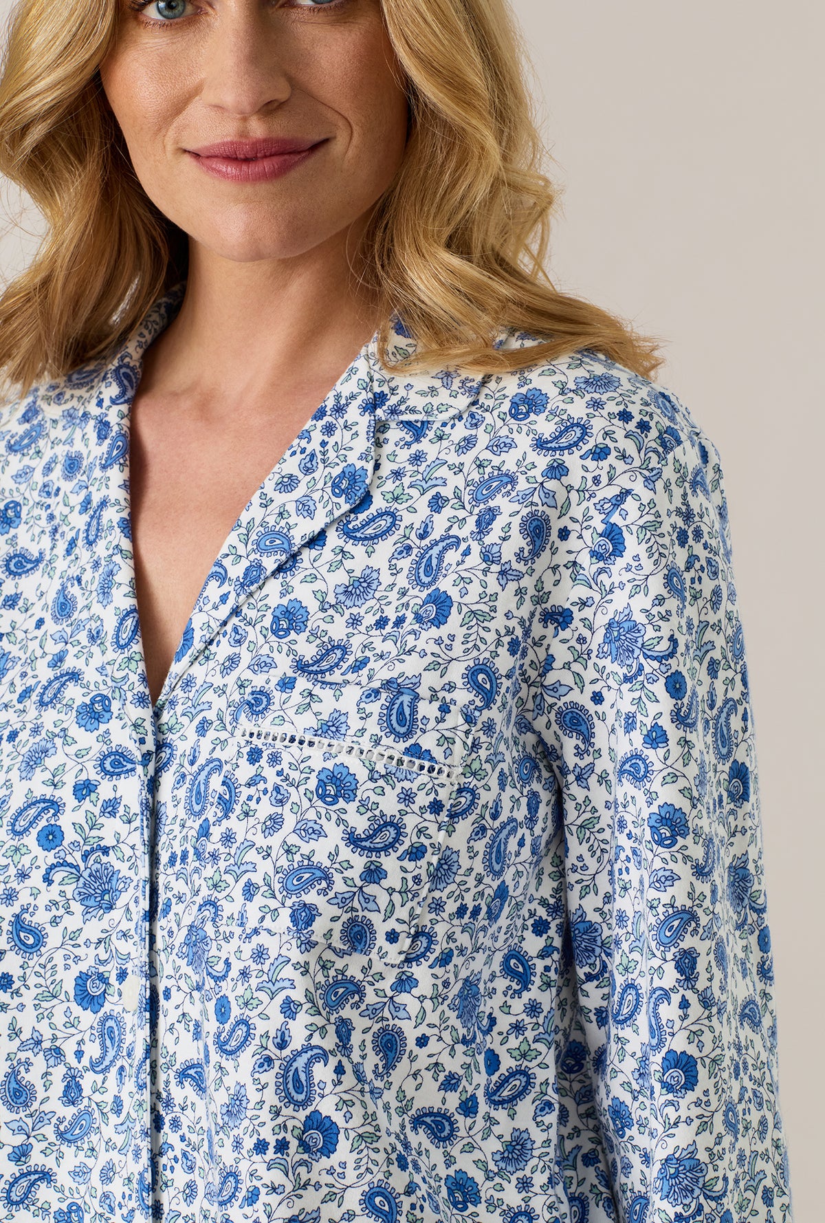 A lady wearing Twilight Paisley Cotton Interlock Long Pajama Set closer look