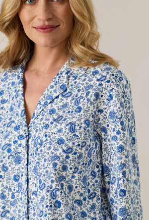 A lady wearing Twilight Paisley Cotton Interlock Long Pajama Set closer look