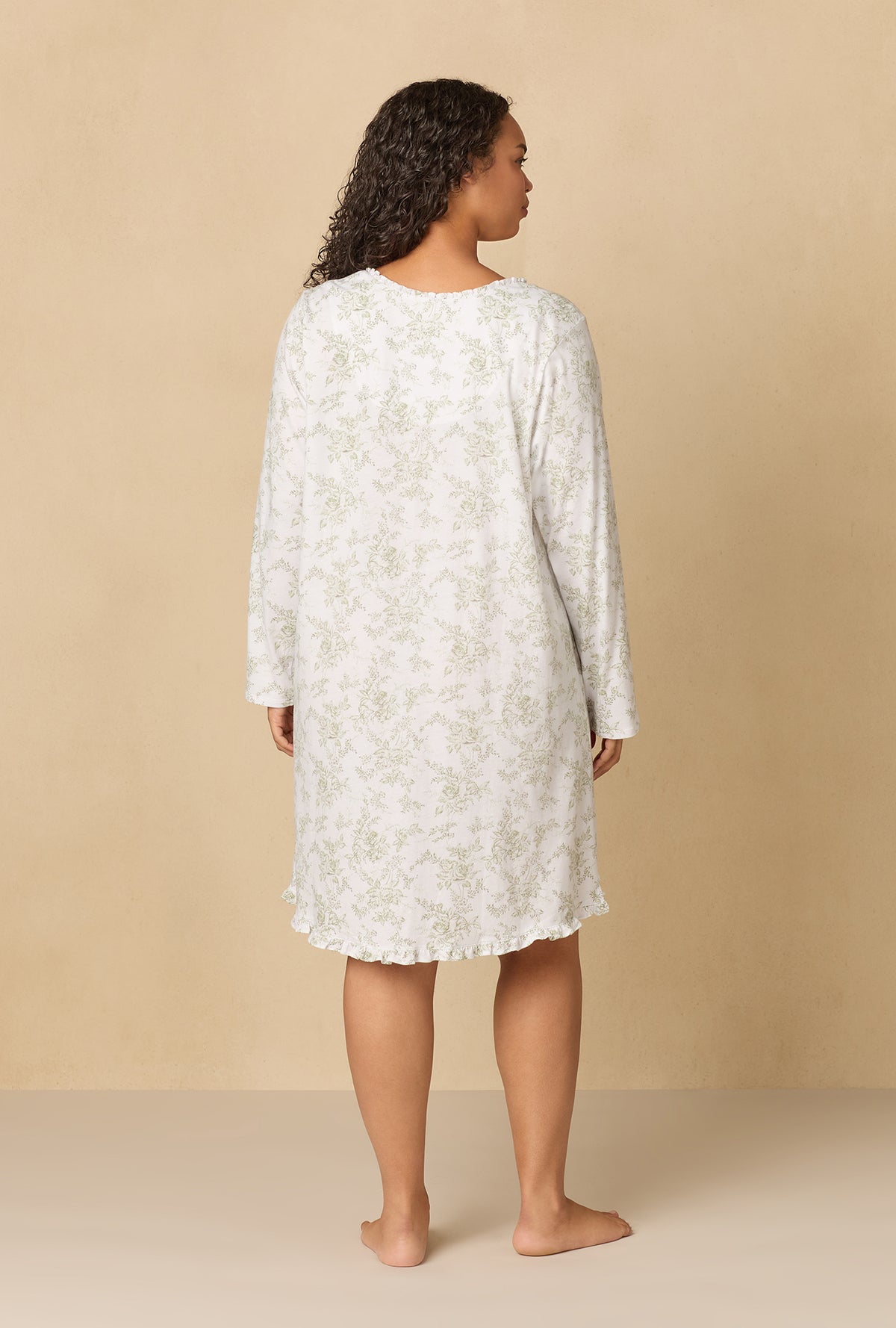 A lady wearing Whispering Rose Toile Short Cotton Knit Nightgown