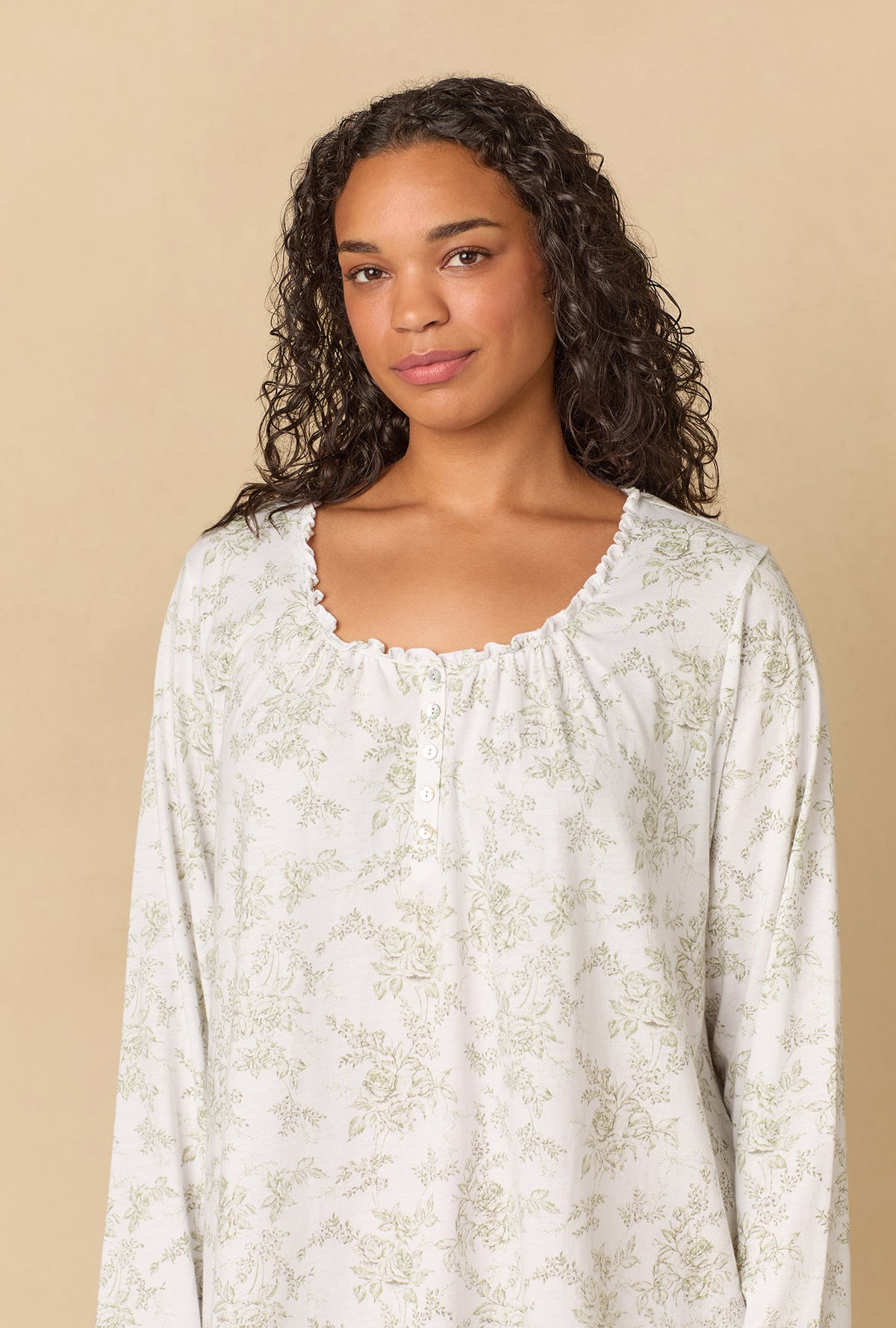 A lady wearing Whispering Rose Toile Short Cotton Knit Nightgown