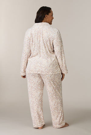 A lady wearing plus size Soft Spots Stretch Velour Notch Collar Long Pajama Set back view