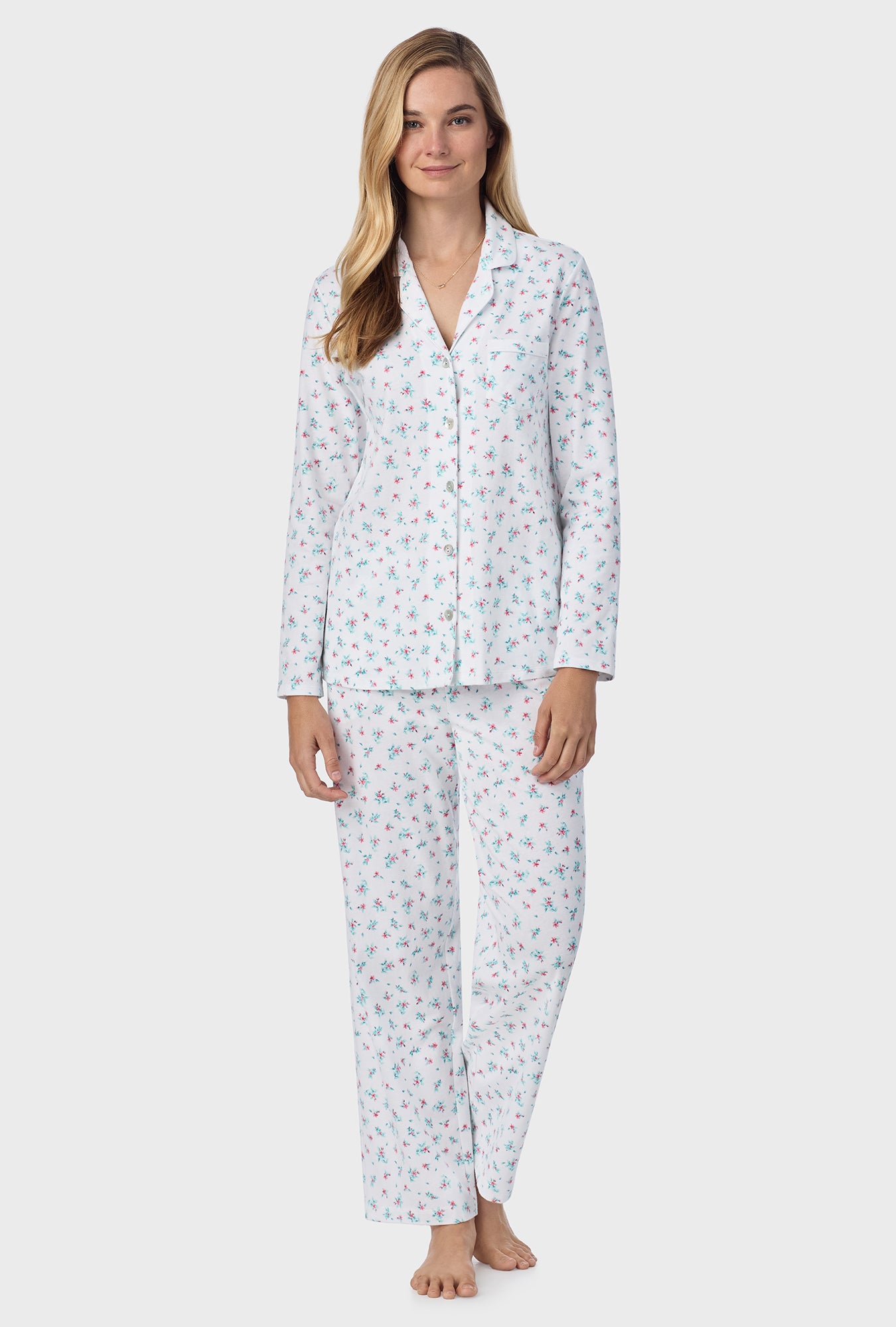 A lady wearing Mini Lily Cotton Long Pajama Set