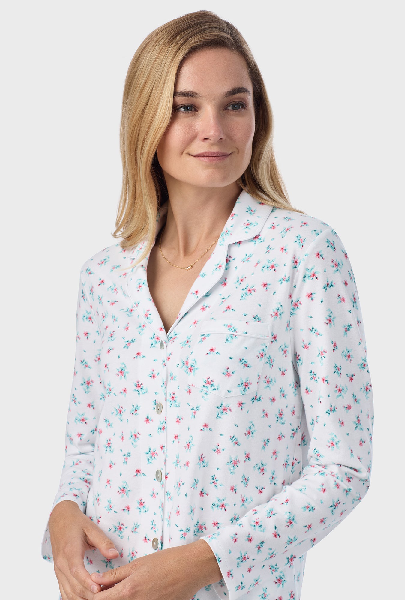 A lady wearing Mini Lily Cotton Long Pajama Set