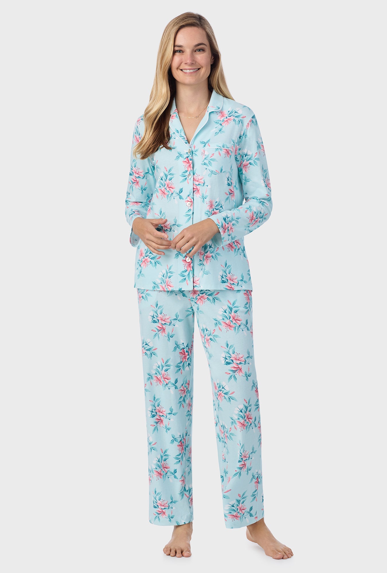 A lady wearing Blooming Lily Cotton Long Pajama Set