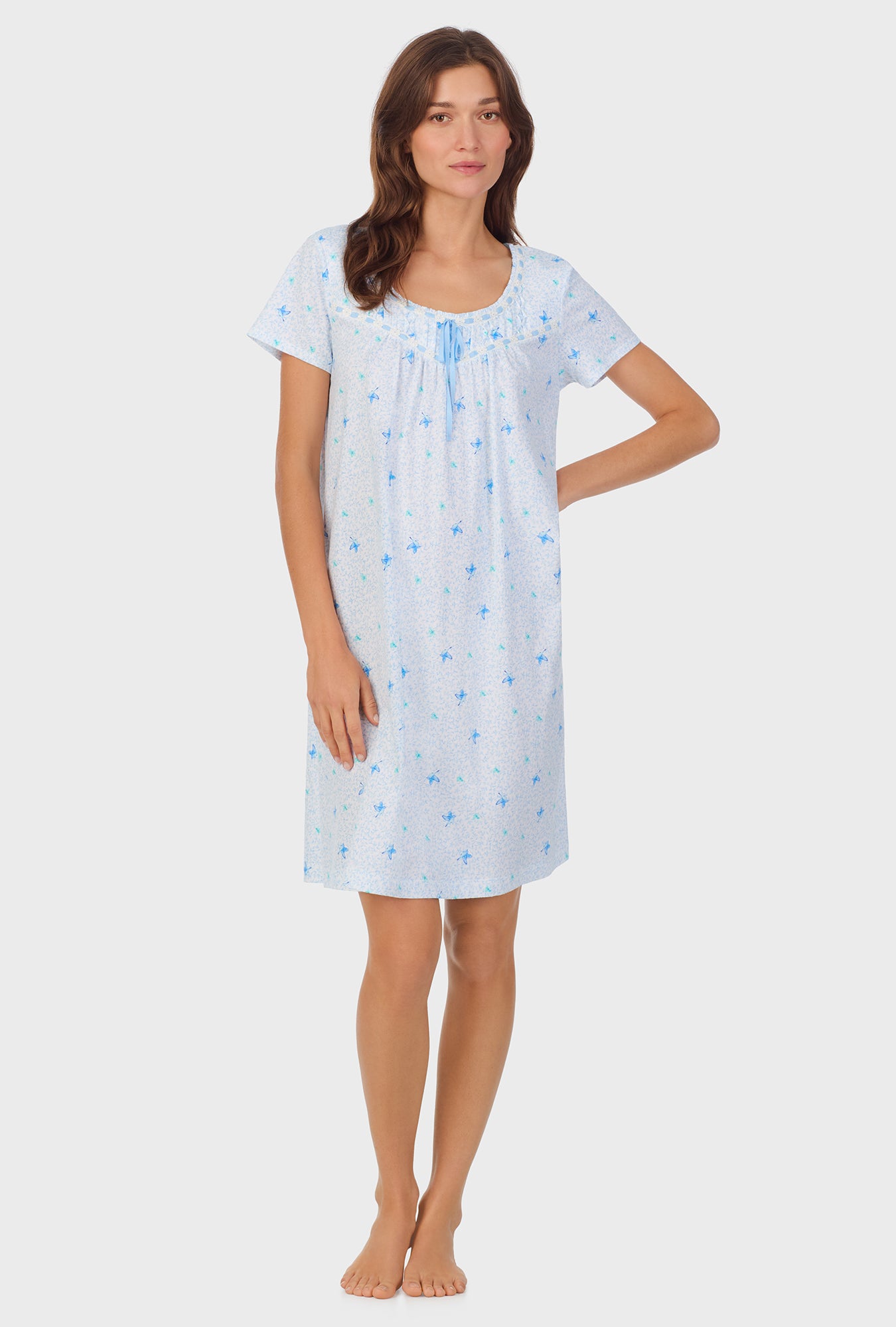 A lady wearing Blue Hummingbird Cotton Short Nightgown