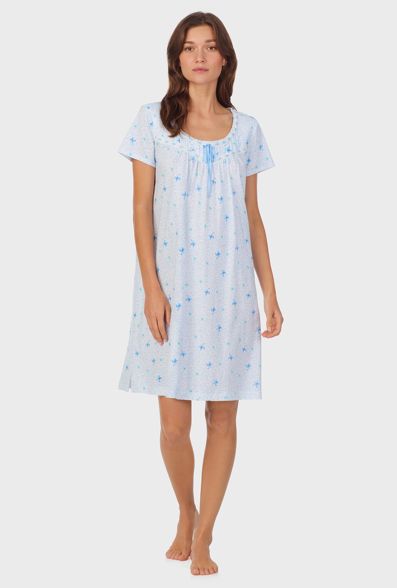 A lady wearing Blue Hummingbird Cotton Short Nightgown