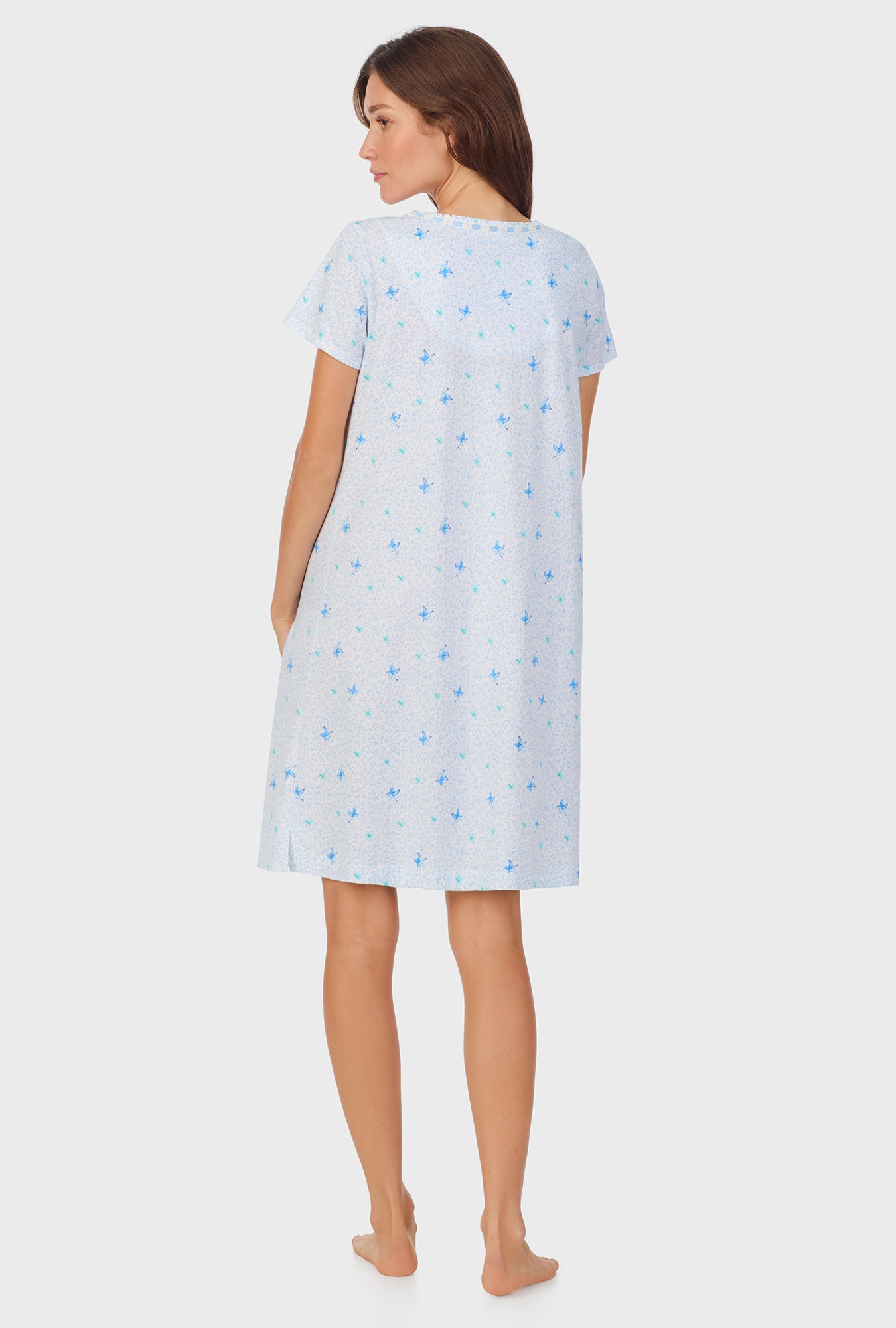 A lady wearing Blue Hummingbird Cotton Short Nightgown