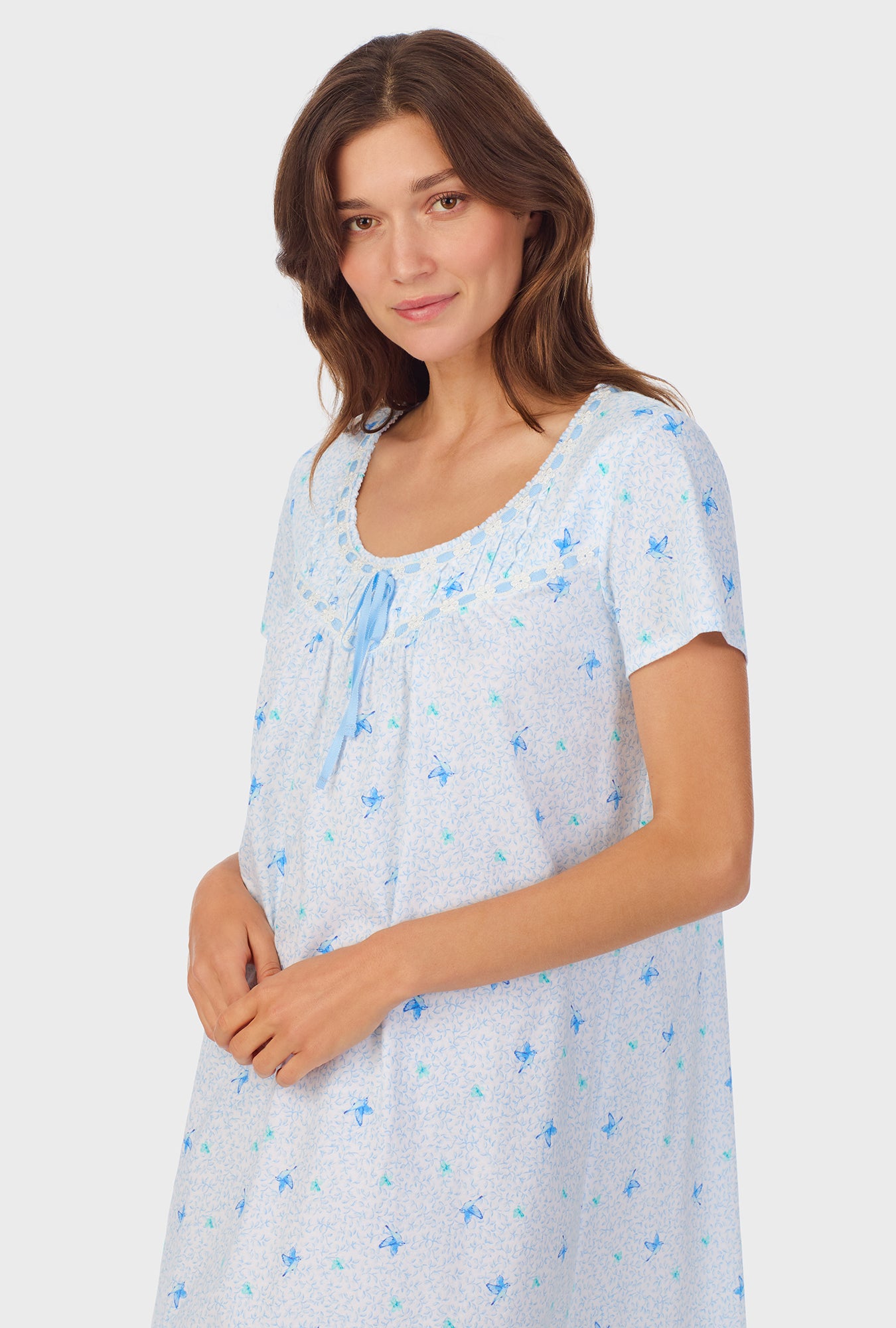 A lady wearing Blue Hummingbird Cotton Short Nightgown