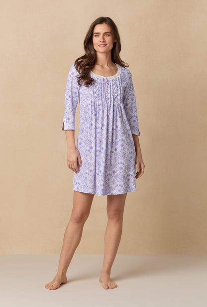 A lady wearing Purple Paisley 3/4 Sleeve Cotton Short Nightgown