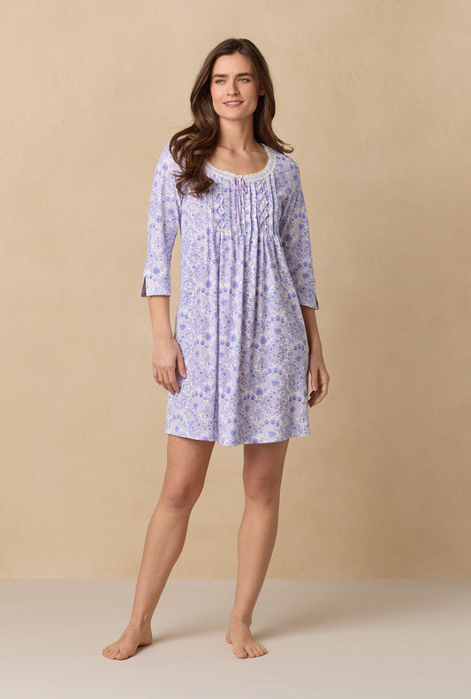 A lady wearing Purple Paisley 3/4 Sleeve Cotton Short Nightgown