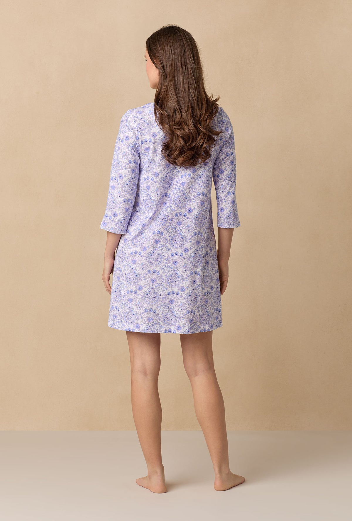 A lady wearing Purple Paisley 3/4 Sleeve Cotton Short Nightgown