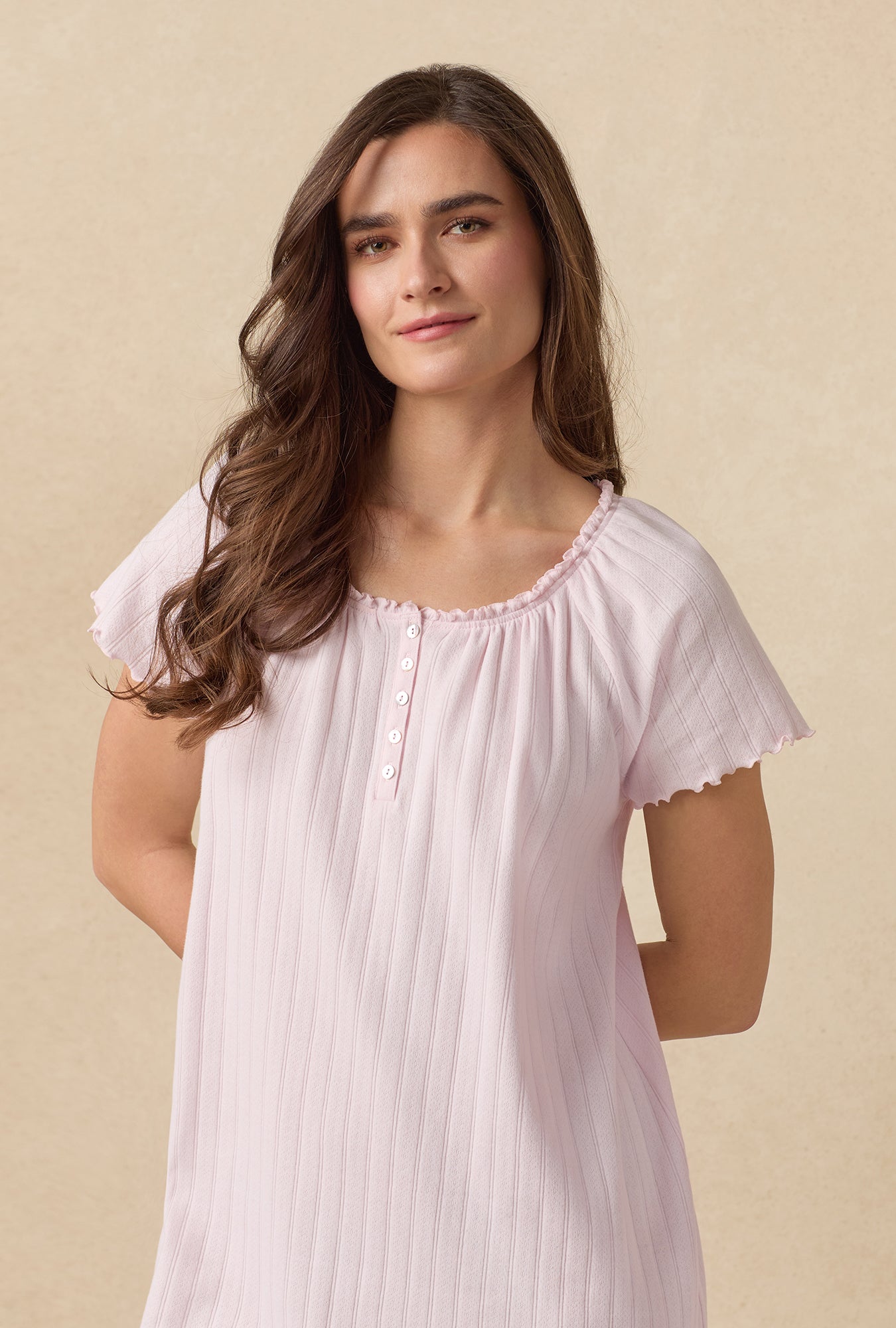 A lady wearing Sweet Rose Cotton Pointelle Waltz Nightgown