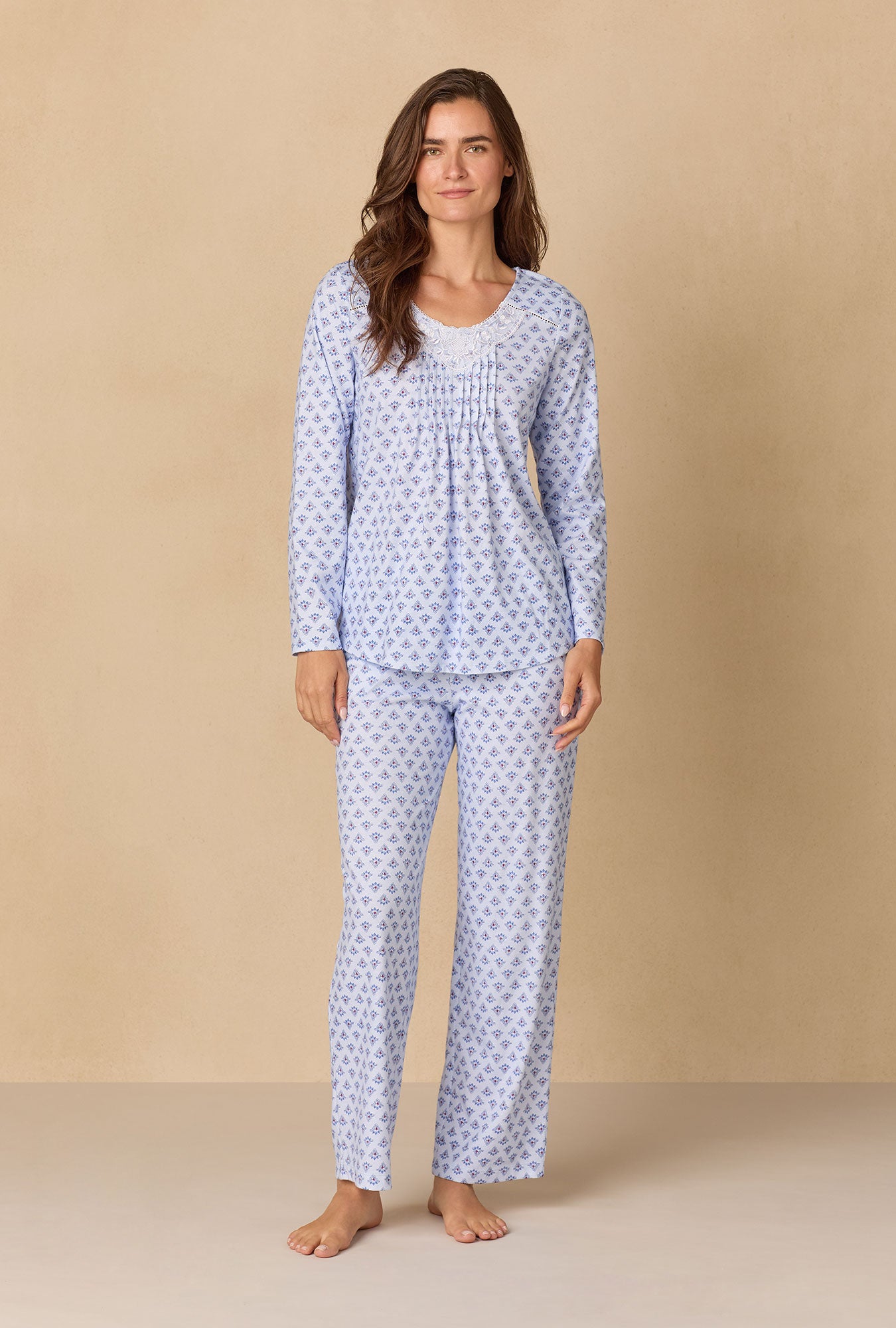 A lady wearing Blue Dreams Cotton Knit Long Pajama