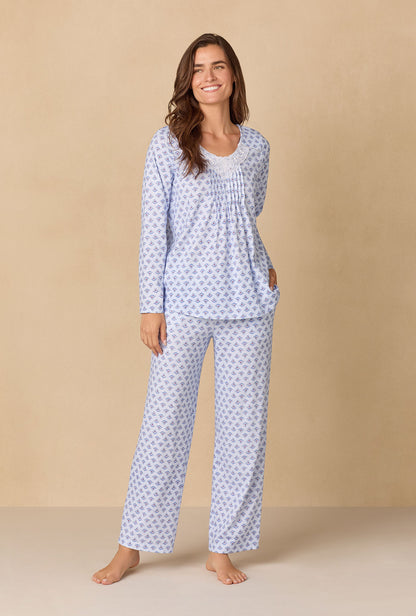 A lady wearing Blue Dreams Cotton Knit Long Pajama