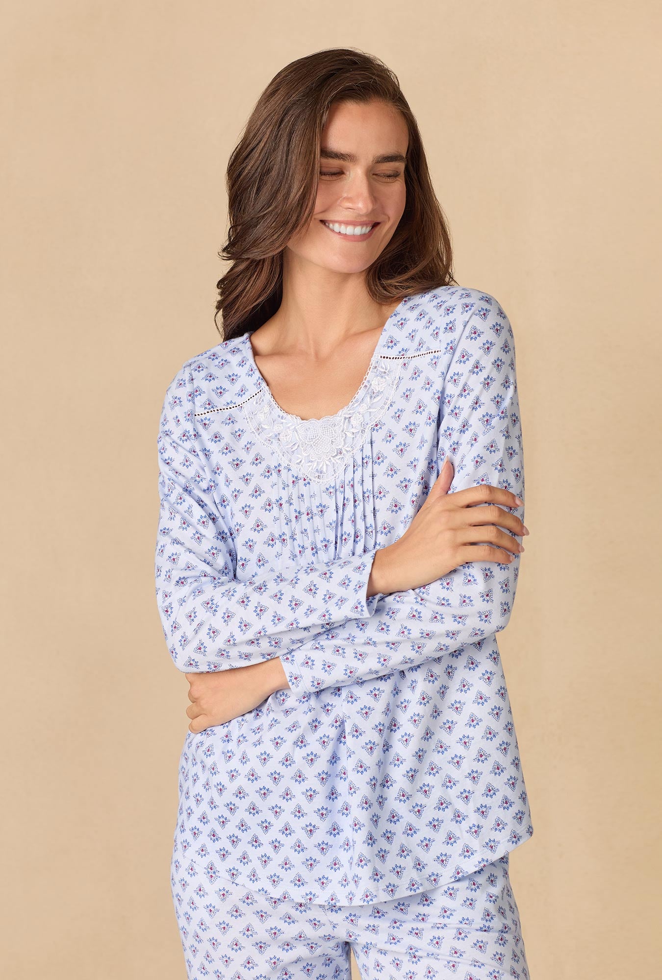 A lady wearing Blue Dreams Cotton Knit Long Pajama