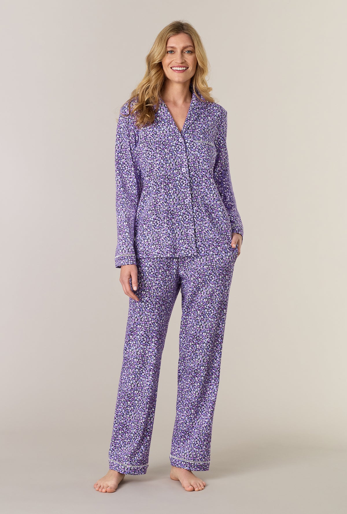 A lady wearing Lilac Garden Cotton Interlock Long Pajama Set