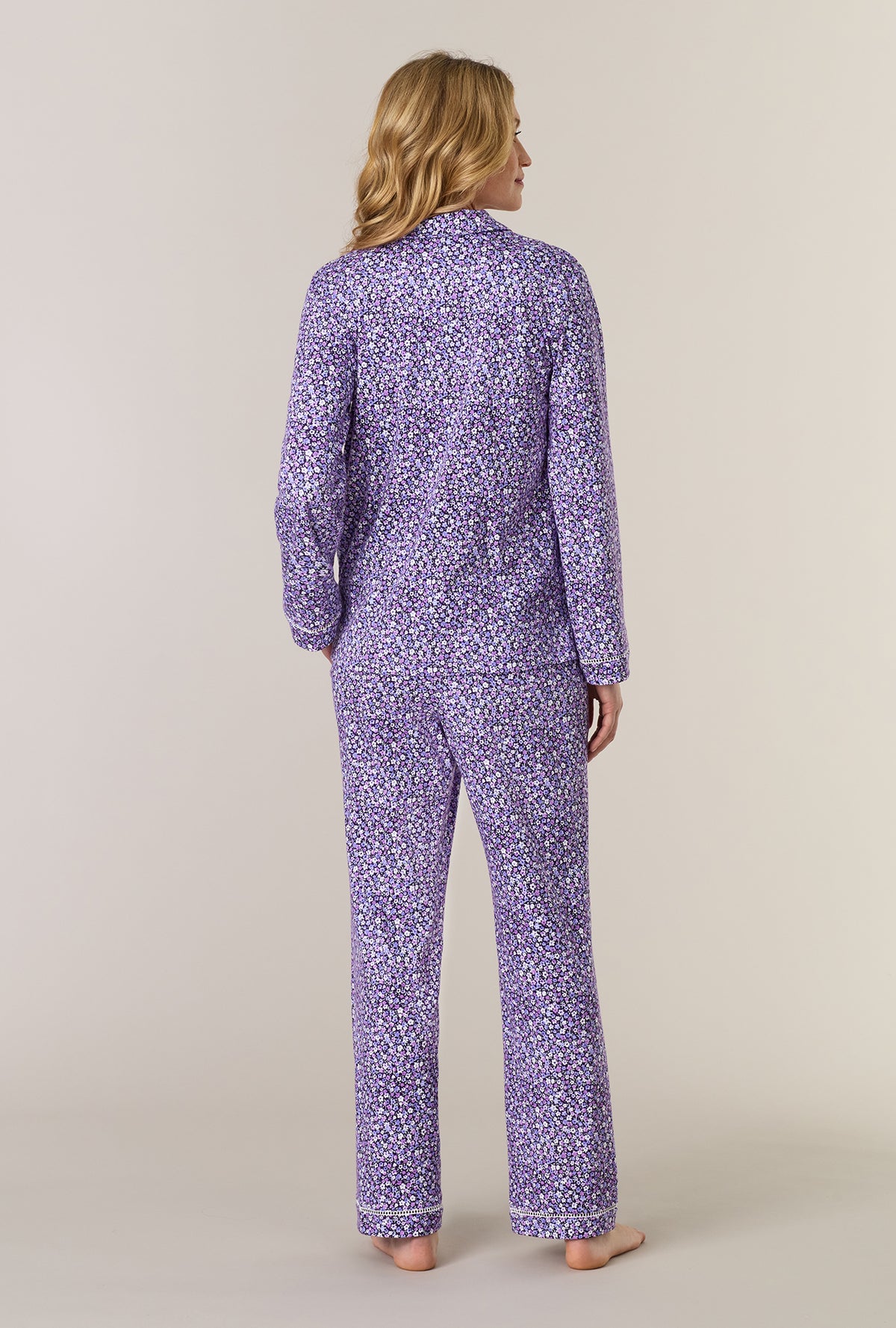 A lady wearing Lilac Garden Cotton Interlock Long Pajama Set posing back