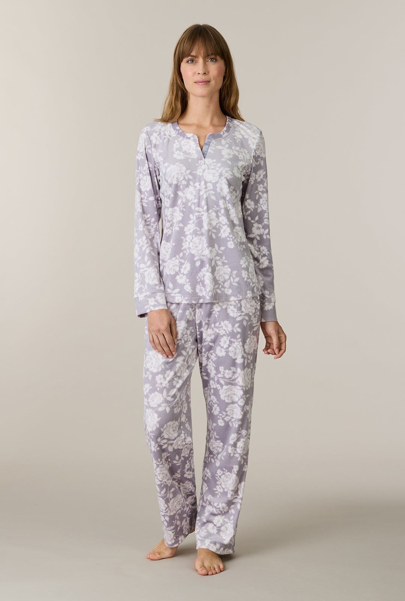 A lady wearing Winter Bouquet Stretch Velour Notch Collar Long Pajama Set