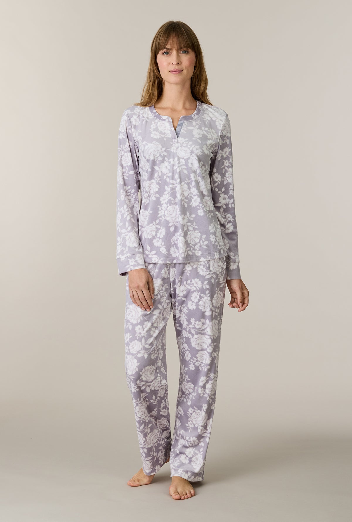 A lady wearing Winter Bouquet Stretch Velour Long Pajama Set looking front