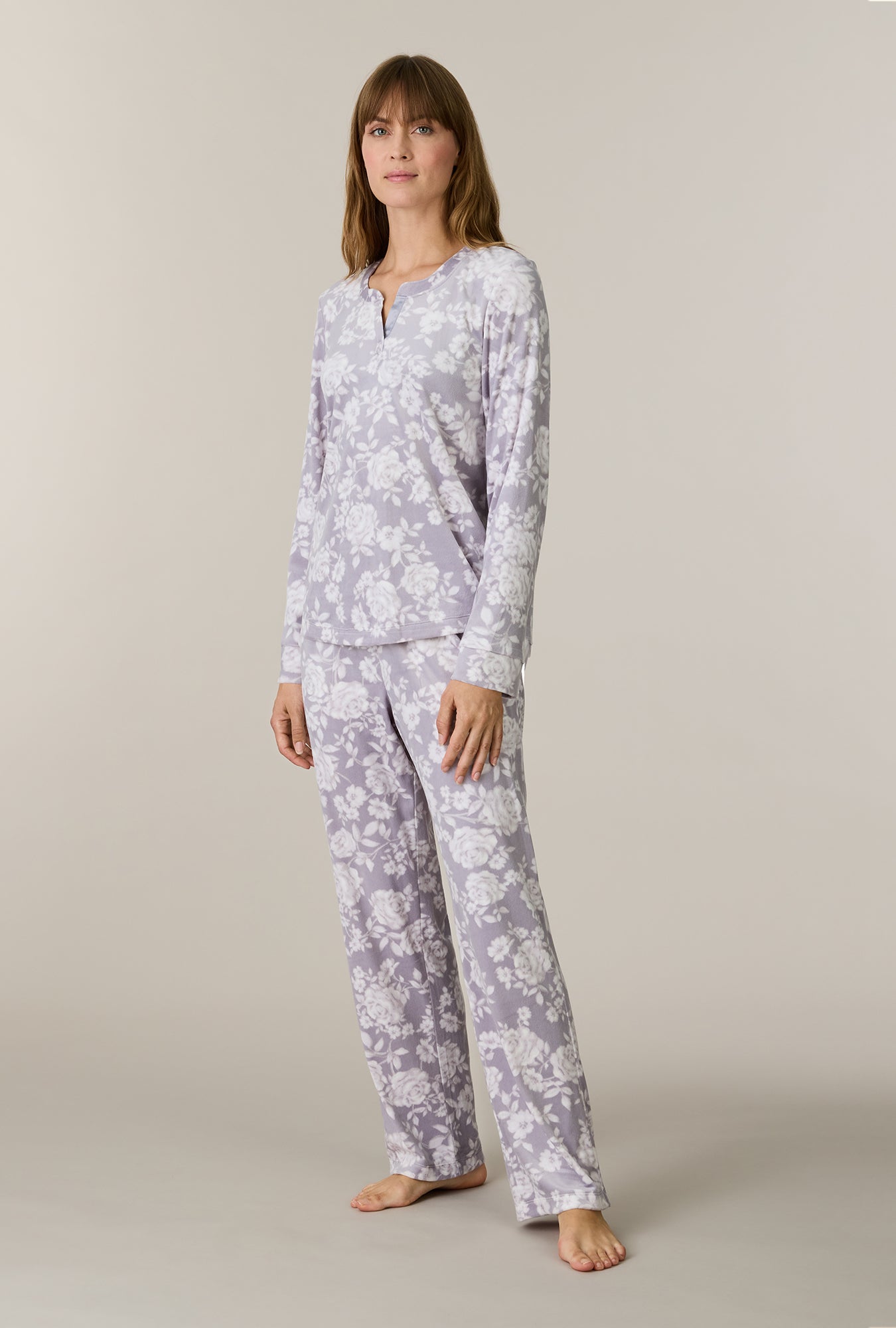 A lady wearing Winter Bouquet Stretch Velour Long Pajama Set