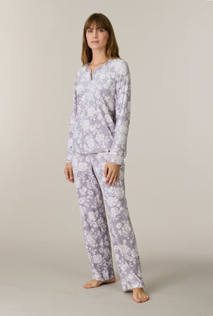 A lady wearing Winter Bouquet Stretch Velour Long Pajama Set