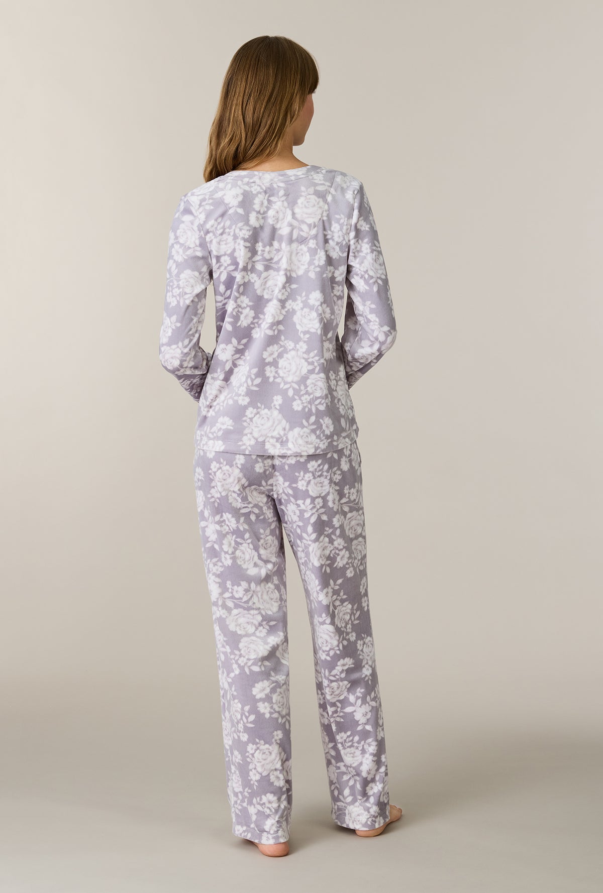A lady wearing Winter Bouquet Stretch Velour Notch Collar Long Pajama Set back view