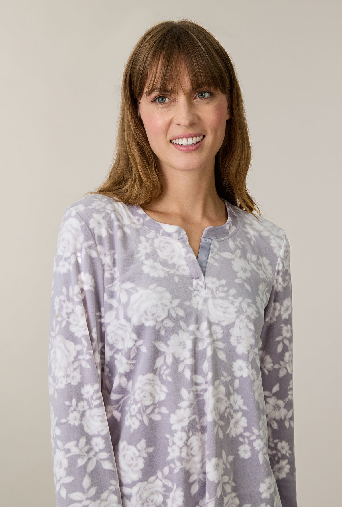 A lady wearing Winter Bouquet Stretch Velour Notch Collar Long Pajama Set closer look